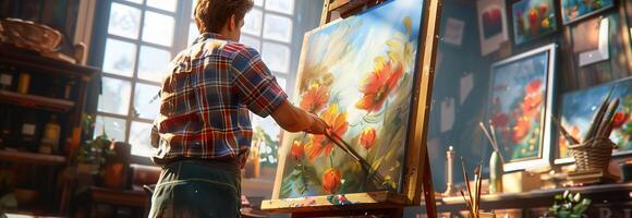A man is painting a painting in a studio photo