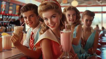 A group of people sitting at a diner with milkshakes photo