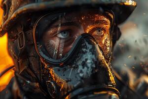 A man in a gas mask and helmet photo