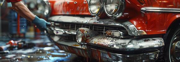 A man is washing the front of a red car photo