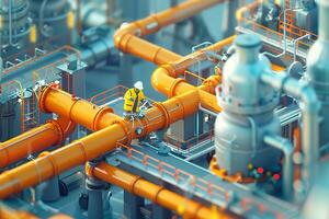 A worker is standing on top of a pipe in an industrial plant photo