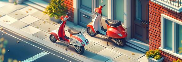 A red and white scooter parked on the side of a street photo