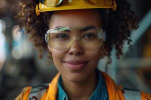 A woman wearing safety glasses and a hard hat photo