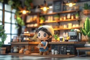 A little girl is standing in front of a coffee shop photo