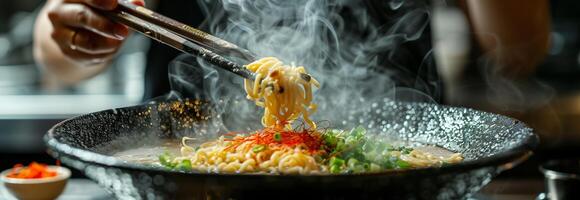 A person is stirring noodles into a bowl photo