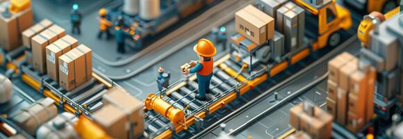 A worker is standing on a conveyor belt with boxes photo