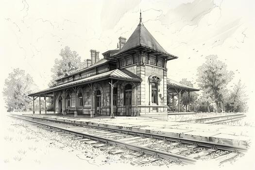 A drawing of a train station with a tower photo