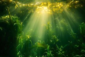 Sunbeams shine through the water in an underwater scene photo
