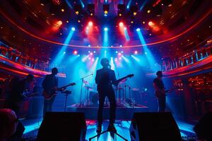 A band playing on stage in front of bright lights photo