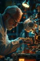 An old man working on a machine in a laboratory photo