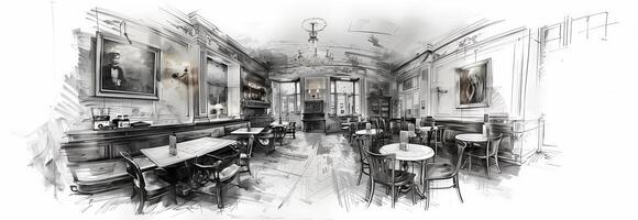 A sketch of a restaurant with tables and chairs photo