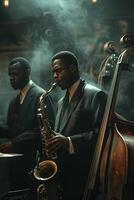 Two men in suits playing saxophone and drums photo