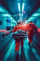 A man in an orange uniform is walking down a hallway photo