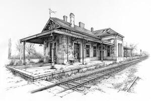 A pencil drawing of a train station photo