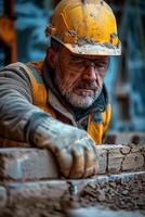 A man in a hard hat and safety glasses is working on a brick wall photo