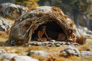 Two people sitting outside of a cave with a fire photo