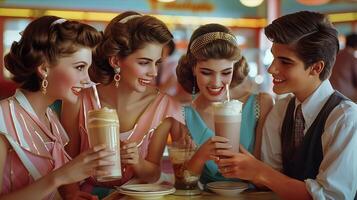 Three young women and a man are having a drink together photo