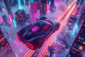 A futuristic car is flying over a city at night photo