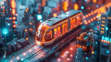 A train is traveling through the city at night photo
