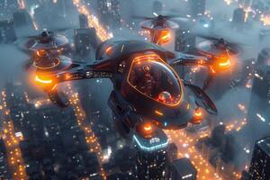 A futuristic flying vehicle in the city at night photo