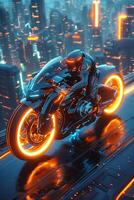 A futuristic motorcycle with glowing lights on it photo