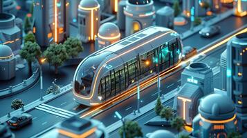 A futuristic city with a futuristic train on the tracks photo