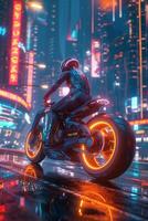 A person riding a motorcycle in the city at night photo