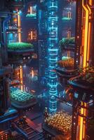 A futuristic city with plants growing in the middle photo
