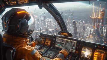 A man in an orange suit is sitting in a cockpit photo