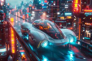 A futuristic car is driving on a city street photo