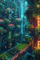 A futuristic city with plants growing on the side photo