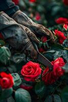 A person wearing gloves cutting a rose photo