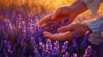 A woman's hand is touching lavender flowers photo