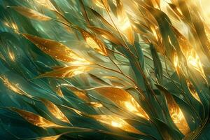 Golden leaves on a green background photo