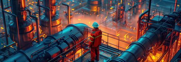 A man standing on a platform looking at a city with pipes and oil tanks photo