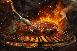 A painting of a steak being cooked on a grill photo