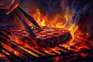 A steak being grilled on a grill with flames photo