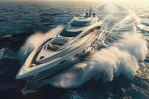 A luxury yacht is traveling through the ocean photo