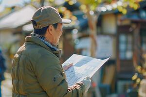 A man is holding a blueprint while standing outside photo