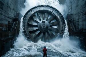 A man standing in front of a large turbine photo