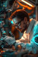 A man in a lab coat is working on a computer photo
