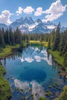 A lake surrounded by trees and mountains photo