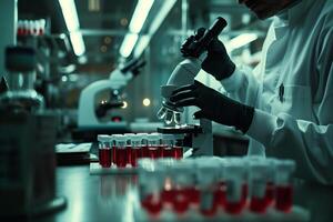 A man in a lab coat is looking at a microscope photo
