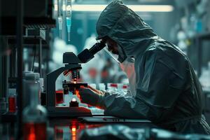 A man in a lab coat looking through a microscope photo