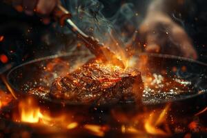 A steak being cooked on a pan with flames photo