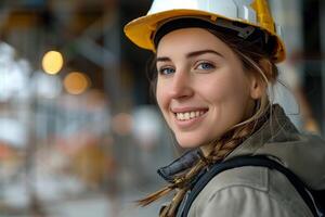 A woman wearing a hard hat and smiling photo