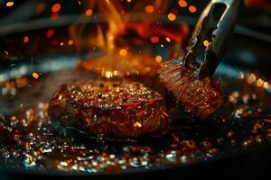 A piece of steak being cooked in a pan with flames photo