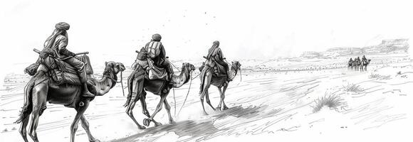 A drawing of three men on camels walking down a road photo