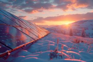 Solar panels on a snowy hillside at sunset photo