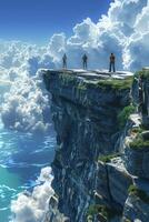 Three people standing on a cliff overlooking the ocean photo